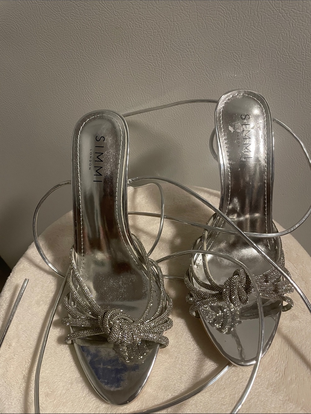 SIMMI Silver Rhinestone Knot Strappy Heels